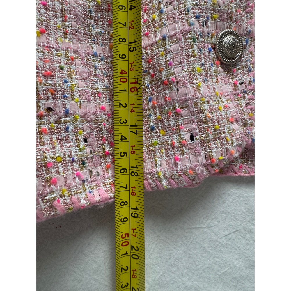Aqua Pink Tweed Cropped Jacket Blazer Metallic Confetti Silver Crest Buttons S - Picture 5 of 7